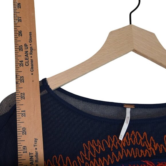 Free People Navy Embroidered Poncho Top XS Boho Boxy Festival Gauze Blouse - Picture 5 of 9